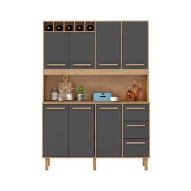 Imagem de Armário De Cozinha Rafaela 1,43m 7 Portas Amêndoa Grafite