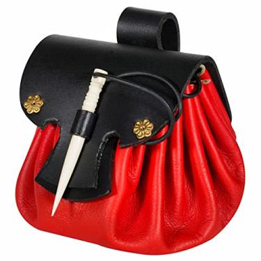 Imagem de Mythrojan Bolsa medieval pequena de couro para cinto grande Renascença bolsa de cintura, Red/Black, 3.5"