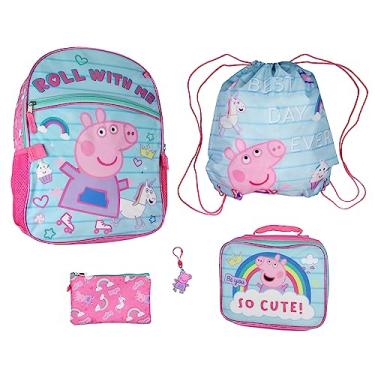 Imagem de AI ACCESSORY INNOVATIONS Mochila infantil Peppa Pig para viagem escolar com lancheira, bolsa com cordão, estojo de lápis e chaveiro moldado de borracha