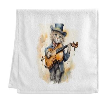 Imagem de CEBUGI Toalhas de banho premium - Toalhas de algodão macio para lavar o rosto - Toalhas de banho de mão persistentes para cuidados com a pele do banheiro | 40 x 75 cm | Gato toca ukulele | 1 pacote