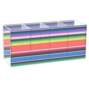 Imagem de CEBUGI Porta-lápis de acrílico transparente com 4 compartimentos, organizador de pincéis de maquiagem com estampa mexicana vibrante para armazenamento em mesa de escritório em casa