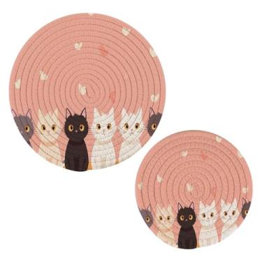 Imagem de Wassud Conjunto de trivet de gatos fofos para pratos quentes, suportes redondos de algodão, almofadas quentes, porta-copos elegantes, decoração de cozinha e acessórios, 2 peças