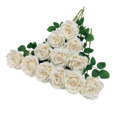 Imagem de ATFL Flores artificiais de rosas de marfim falsas a granel, diâmetro floral de 10 cm, 20 peças de rosas de seda artificial com hastes para arranjos de casamento, decoração de mesa de festa em casa (20