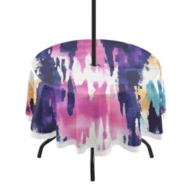 Imagem de CEBUGI Toalha de mesa redonda para uso externo, colorida, tingida, impermeável, com furo Umberlla, capa de mesa lavável para pátio, cozinha, sala de jantar, 152 cm