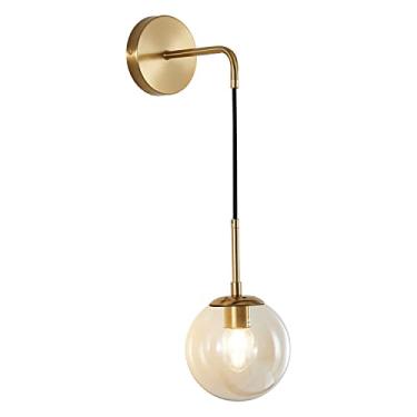 Imagem de Luminária de parede Modo Lighting estilo moderno de meados do século XX, minimalista, ajustável, com cúpula redonda de vidro e acabamento em latão bruto (abajur âmbar).