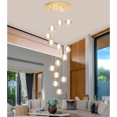 Imagem de Lustre moderno de cristal com 14 luzes, 300 cm de comprimento, iluminação LED dourada para escada, ideal para hall de entrada, sala de estar, corredor e escada. Luminária de teto ajustável.