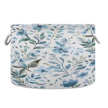 Imagem de WELLDAY Cesta de corda de algodão flores azuis cesta de lavanderia para bebê para sala de estar, lavanderia, berçário, travesseiros, decoração de casa