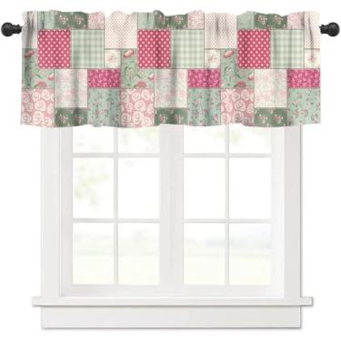 Imagem de VUMIVI Cortina de saia de retalhos flores vintage geométrica abstrata xadrez vermelho rosa decoração de casa com bolso de varão tratamentos de janela para cozinha, sala de jantar, cafeteria, 137 x 45