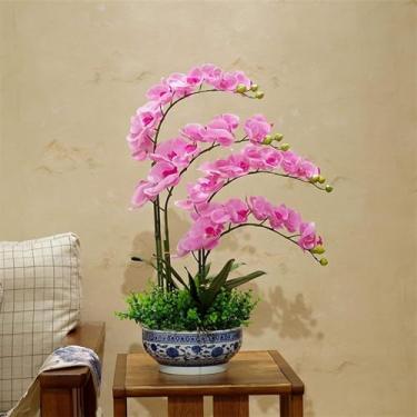 Imagem de YYBOES Conjunto de orquídeas falsas com vaso de porcelana flor artificial PU Phalaenopsis flores artificiais 60 cm orquídea artificial