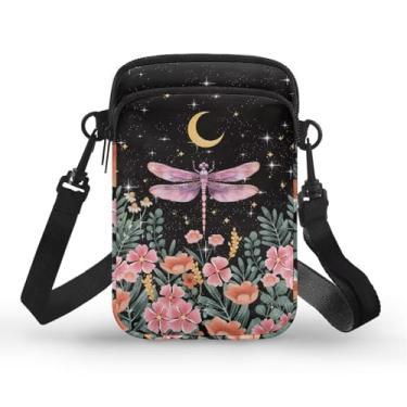 Imagem de CLOHOMIN Bolsa transversal para celular, mini bolsa tiracolo feminina e masculina com bolsos com zíper, Flores de libélula rosa