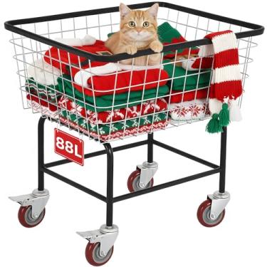 Imagem de Ultym Carrinho de lavanderia com rodinhas de 2,5 buchéis com rodas, cesta de lavanderia de arame de metal durável, cesta de armazenamento grande de aço resistente com acabamento galvanizado, para uso