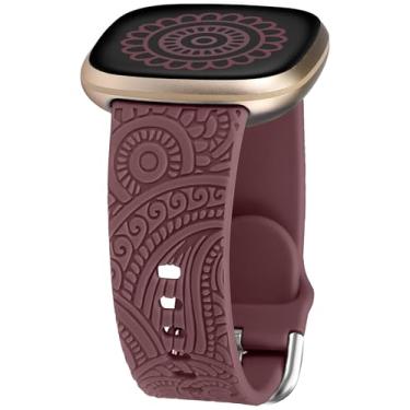 Imagem de Compatível com Fitbit Versa 4/Versa 3/Sense 2/Sense – Pulseira esportiva solo com gravação floral, linda pulseira de silicone com flor boho para mulheres, roxo esfumaçado