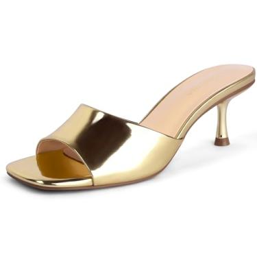 Imagem de Lookyno Sandálias femininas de salto gatinho quadradas, bico aberto, mules, salto agulha de 5 cm, sexy, sem cadarço, para festas casuais, Dourado, 41