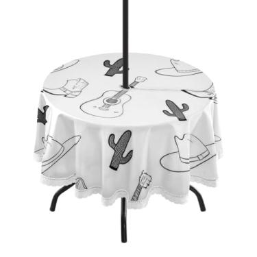 Imagem de Qilmy Chapéu de caubói Toalha de mesa redonda impermeável de 152 cm com orifício para guarda-chuva e zíper – Uso externo / interno resistente para pátio, churrascos, piqueniques, festas (serve para