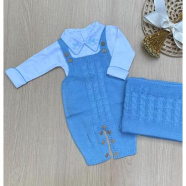 Imagem de Saída Maternidade Menino Cavalinho Tricot Premium 3 Peças Jardineira +