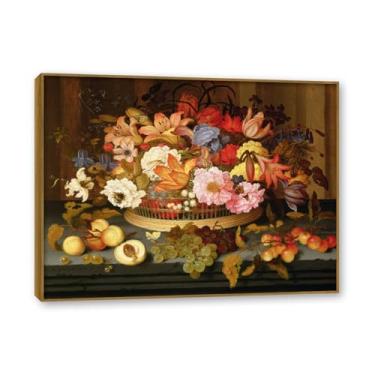 Imagem de NHLDZYH Moldura de madeira de teca. Flores clássicas natureza morta pintura em tela retro buquê de flores pinturas estilo country decoração de parede para cozinha e sala de estar. A24. 40 x 50 cm