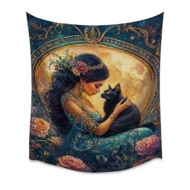 Imagem de Art Nouveau Moon Lady Black Cat Tapeçaria para pendurar na parede vintage retrato celestial borda floral boho dormitório quarto sala de estar aconchegante decoração estética apartamento escritório