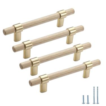 Imagem de Evionlin 4 peças 9,6 cm ouro cinza madeira cilíndrica longa nogueira madeira liga de zinco puxadores de gaveta puxadores de gaveta
