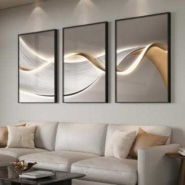 Imagem de Arte de parede abstrata de luxo moderna emoldurada grande para sala de estar, 3 peças contemporâneas elegantes e brilhantes, imagens de linha de fluxo minimalista para quarto, entrada, decoração de