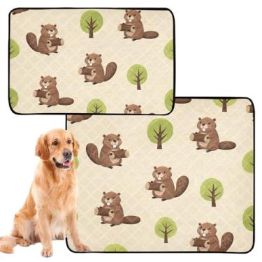 Imagem de Almofadas de xixi laváveis beges fofas de desenho animado para cães, tapete impermeável para caixa de cachorro, tapete de xixi reutilizável absorvente para cães, médio + grande, conjunto de 2