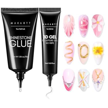 Imagem de Makartt Cola de strass para unhas com kit de gel 3D – Cola super forte e gel de escultura para arte de unhas DIY, desenho, moldagem e designs em relevo, fácil de usar para amantes de unhas e