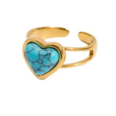 Imagem de Anel de coração turquesa azul com pedras preciosas naturais, corações de amor, abertos, ajustáveis, compromisso, noivado, boho, joias de férias ocidentais, anéis de aço inoxidável banhados a ouro 18