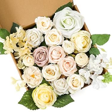 Imagem de Kisflower Combo de flores artificiais para decoração de bolo e flores falsas para arranjos de centro de mesa de buquê de noiva (rosa amarelo)