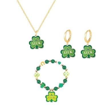 Imagem de QLUYCKW Conjunto de brincos e colar de dia de São Patrício para mulheres, trevo verde, trevo, pingente, elegante, chapéu elegante, pulseira elástica com contas da sorte, dia de São Patrício