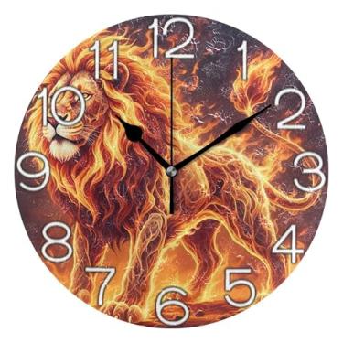 Imagem de Relógio de parede decorativo analógico divertido alimentado por bateria relógio de cozinha fofo, arte de decoração moderna de meados do século, leão feroz fogo ardente dourado, 25 cm, ponteiros pretos