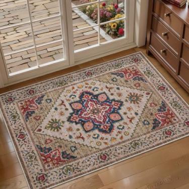 Imagem de Tangsoo Tapete vintage pequeno 5,5 x 7,5 cm lavável para entrada, tapete oriental antiderrapante para porta da frente, cozinha, interior, tapete de área pequena, tapete de porta para entrada, macio