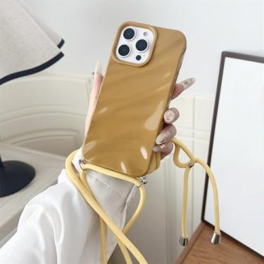 Imagem de Capa de celular com alça transversal, acabamento brilhante e efeito ondulado, para iPhone 15, 16, 17 Pro Max, Air 14, 13, 12, 11, XR, XS, 7 e 8. Capa de silicone macia, amarela. Compatível com iPhon