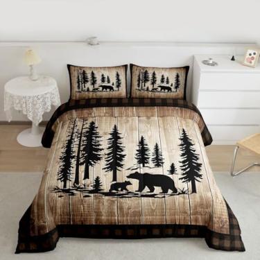 Imagem de Feelyou Conjunto de edredom com urso, fazenda, campo, tamanho Queen, com 2 fronhas, cabana rústica, floresta, microfibra, caça, acampamento, decoração de quarto, edredom respirável, macio