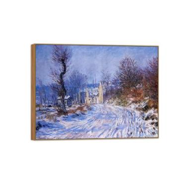 Imagem de Claude Monet famosa impressão em tela de parede pronta para pendurar estrada para Giverny no inverno - pintura de moldura de madeira para decoração de sala de estar 80 x 105 cm 31 x 41 pol