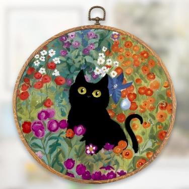 Imagem de XFN Gustav Klimt Decoração de parede redonda, estampa de arte de parede redonda floral de gato preto, um gato preto cercado por um jardim, para sala de estar, quarto, banheiro, berçário, quarto de