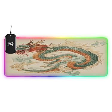 Imagem de CEBUGI Mouse pad de carregamento sem fio Dragon 15 W rápido para jogos com 14 iluminação LED RGB para jogos, PC, laptop, mesa 90,9 x 39,9 cm