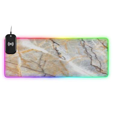Imagem de CEBUGI Mouse pad de carregamento sem fio com textura de mármore branco 15 W rápido para jogos com 14 iluminação LED RGB para jogos, PC, laptop, mesa de 80 x 30 cm