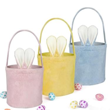 Imagem de rosulasi Pacote com 3 cestas de coelhinho da Páscoa fofas e pequenas cestas de caça aos ovos, cesta de presente de pelúcia reutilizável vazia para jogos de ovos de Páscoa, armazenamento de presente