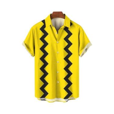 Imagem de Camisa Masculina Amarela Oversized Com Estampa Havaiana, Blusa Casual 