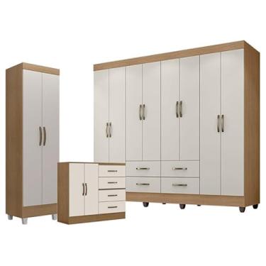 Imagem de Guarda Roupa Casal Porto com Cômoda 4 Gavetas 2 Portas e Armário Multiuso Lite Nature Off White - Leão