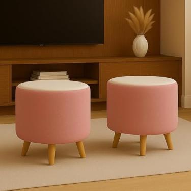 Imagem de Kit 2 Puffs Manu Tecido Boucle Estilo Clássico com Assento em Corino Pés em Madeira (2 ROSE/OFF WHITE)