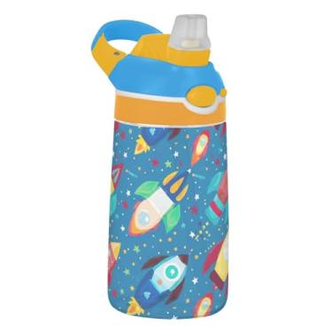 Imagem de Garrafa de água Tritan de 473 ml com canudo para crianças, meninas, meninos, garrafa de água esportiva à prova de vazamento portátil reutilizável para crianças, alça de transporte, foguete de desenho