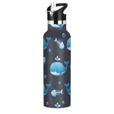 Imagem de Joisal Garrafas de água esportivas com isolamento infantil, lindas baleias azuis pretas de 590 ml, livre de BPA, garrafa de água a vácuo de parede dupla, copos infantis de aço inoxidável com tampa de