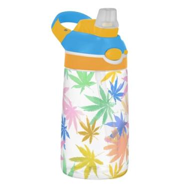 Imagem de Garrafa de água esportiva infantil de 473 ml com tampa de palha, à prova de vazamento, garrafa de água para escola, portátil, 473 ml, copo de viagem infantil Tritan, alça de transporte, folhas