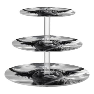 Imagem de Suporte de cupcake para festa de chá com 3 níveis de exibição de acrílico para aniversário e casamento, torre de cupcake, engraçada, vaca highland, preto, branco, bandeja de servir, mesa de deserto