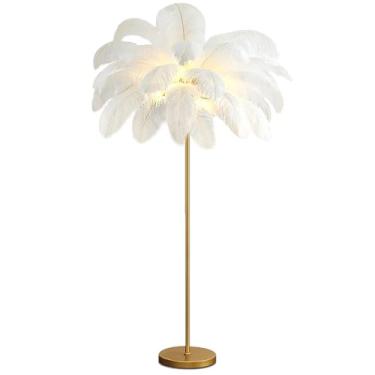 Imagem de Luminária de chão de luxo com penas de avestruz - Base nórdica moderna em resina dourada, 160 cm de altura, decoração elegante para quartos e hotéis, iluminação romântica para quartos de pri