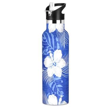 Imagem de Garrafa de água isolada de aço inoxidável de 590 ml com tampa de canudo para bebidas frias ou quentes, flores brancas, folhas tropicais, azul, parede dupla, à prova de vazamento, copos infantis para