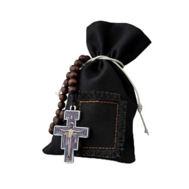 Imagem de Terço Missão São Francisco De Assis em Madeira Imbuia, Contas 8mm, Medalha 2.7cm, Crucifixo 3.8cm, Acabamento Ouro Velho