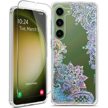 Imagem de Coolwee Capa transparente com glitter para Galaxy S23 – Capa protetora de TPU (poliuretano termoplástico) macio com estampa floral e flores finas de 15,5 cm