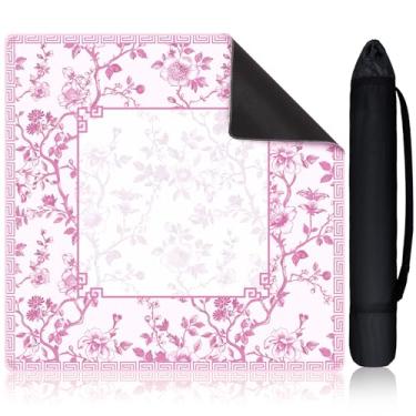 Imagem de Sonwyoung Chinoiserie Mahjong tapete com 1 bolsa de transporte, 80 x 80 cm, borracha rosa e branca, antiderrapante e redução de ruído, capa de mesa multiuso para cartas, jogos de tabuleiro
