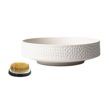 Imagem de Pires de plantas Bandeja de cerâmica para arranjos florais com padrão martelo, pires e kenzan para mesa(Branco)